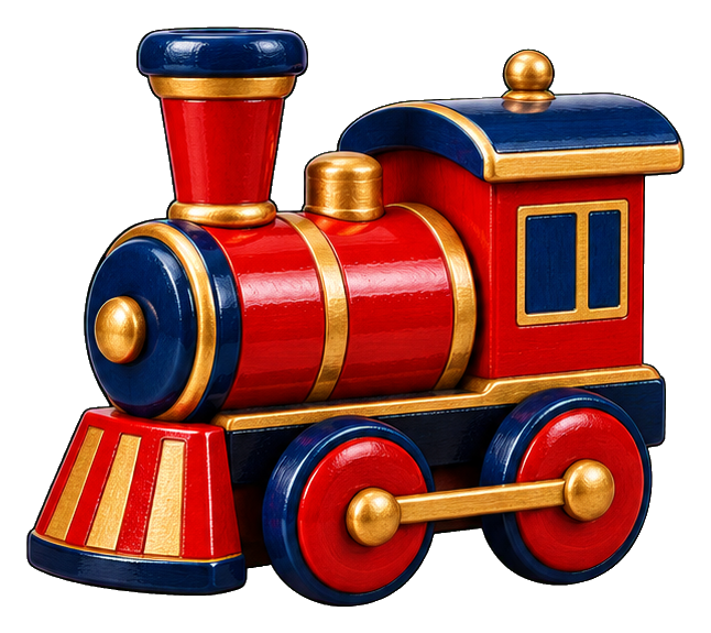 Red and blue wooden toy train with nutcracker-style details and gold accents