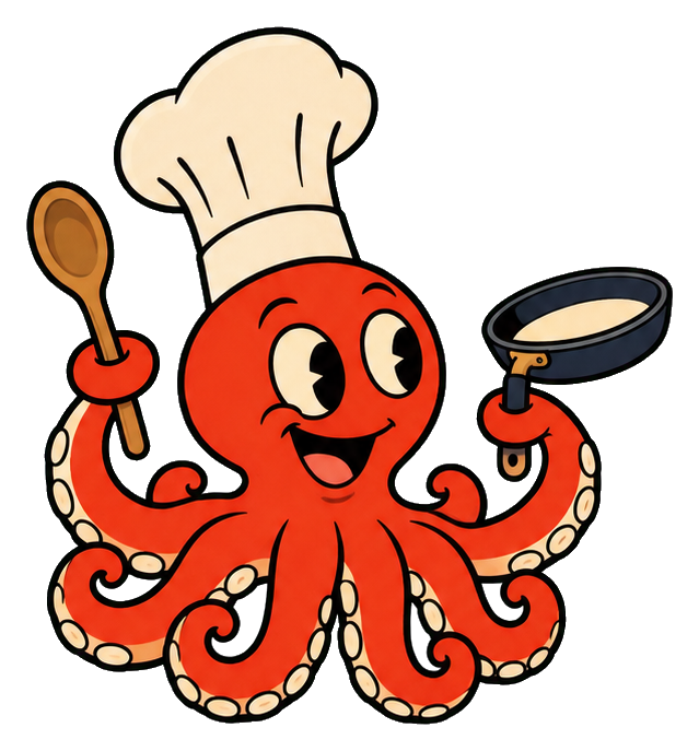 Cute cartoon octopus chef holding a spoon and pan with a chef hat and smiling face