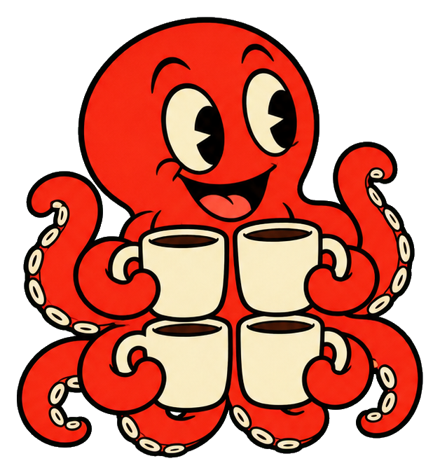 Smiling octopus holding four coffee cups in a playful cartoon style.