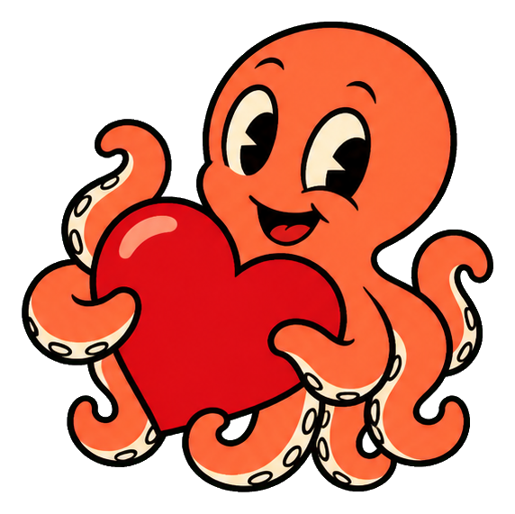 Cute cartoon octopus hugging a heart with a smiling face and tentacles wrapped around it.
