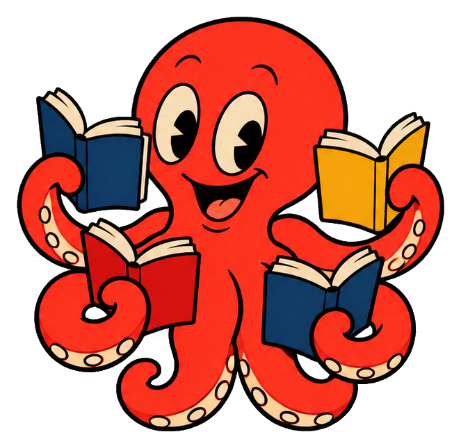 Cute retro cartoon octopus reading four open books with a smiling face and curled tentacles.