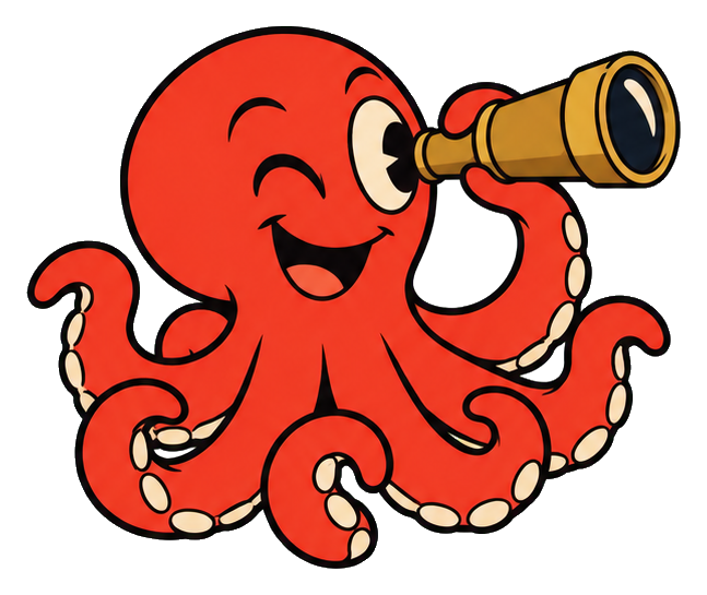 Cute red octopus holding a telescope in a retro cartoon style