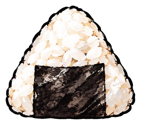 Illustrated onigiri rice ball with white rice and dark seaweed wrap