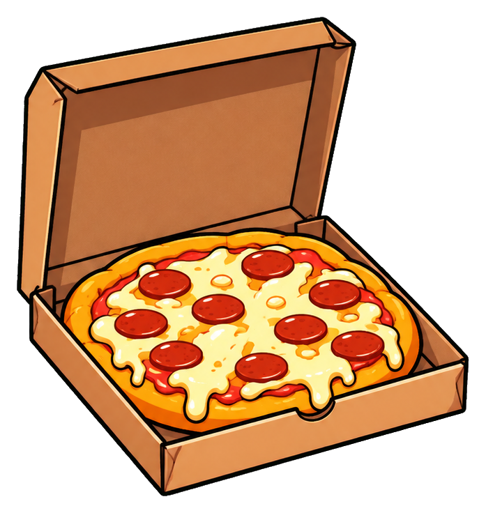 Open pizza box with pepperoni pizza inside, shown as a cartoon sticker.