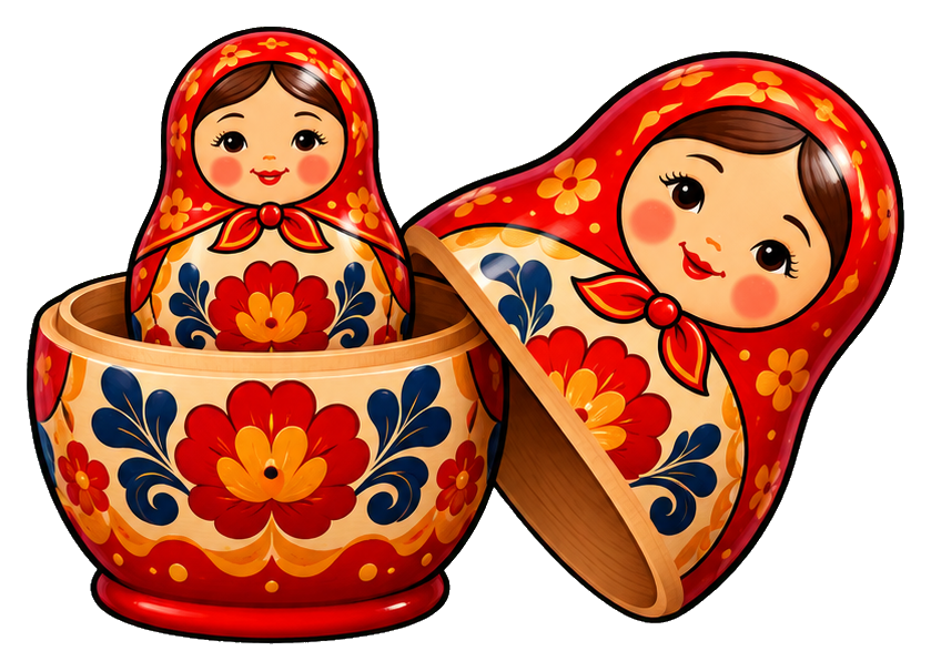 Opened matryoshka doll with floral patterns and two nested dolls inside