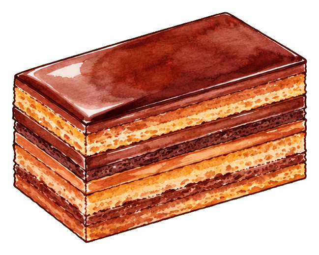 A layered opera cake slice with chocolate glaze and cream filling.