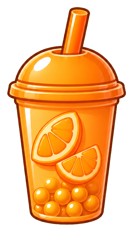 Orange bubble tea cup with straw and orange slice garnish