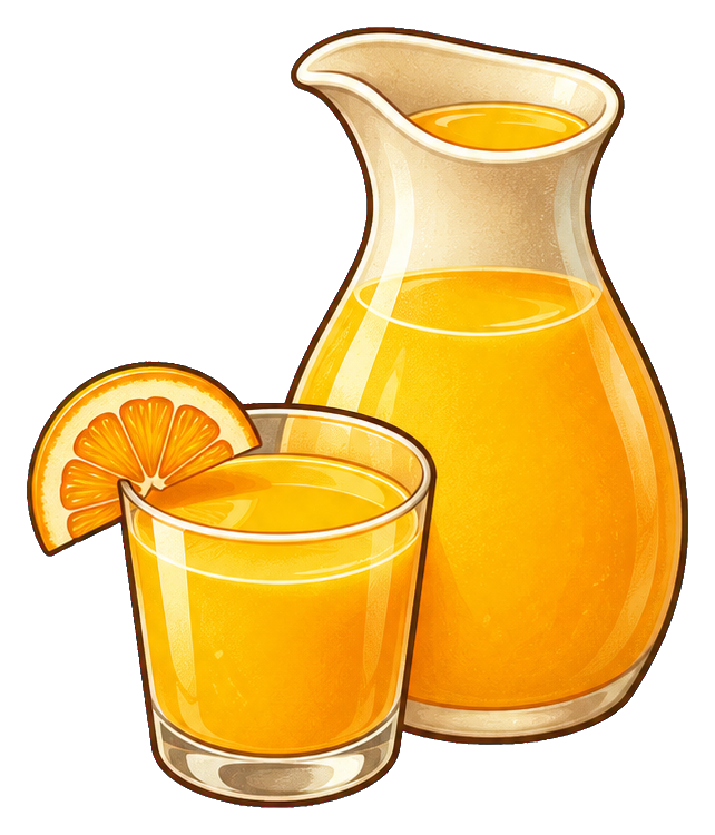 A pitcher and glass of orange juice with an orange slice garnish