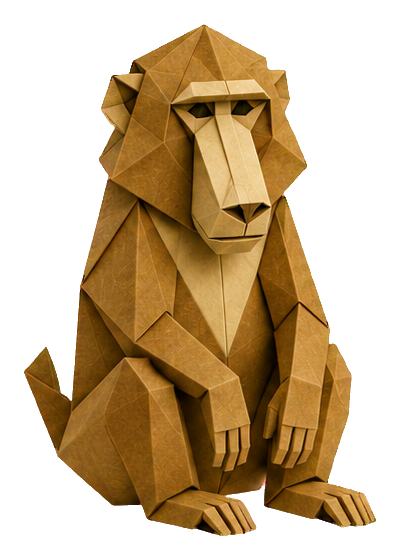 Geometric origami-style baboon sitting upright with folded paper look