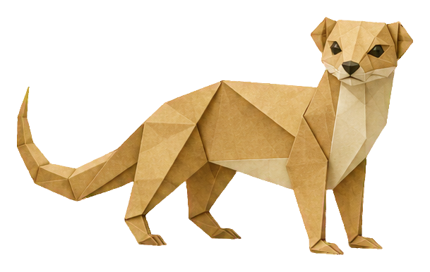 Low-poly origami-style mongoose facing forward with a long tail on a transparent background.