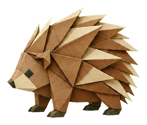 Folded paper-style origami porcupine with pointed quills and small feet
