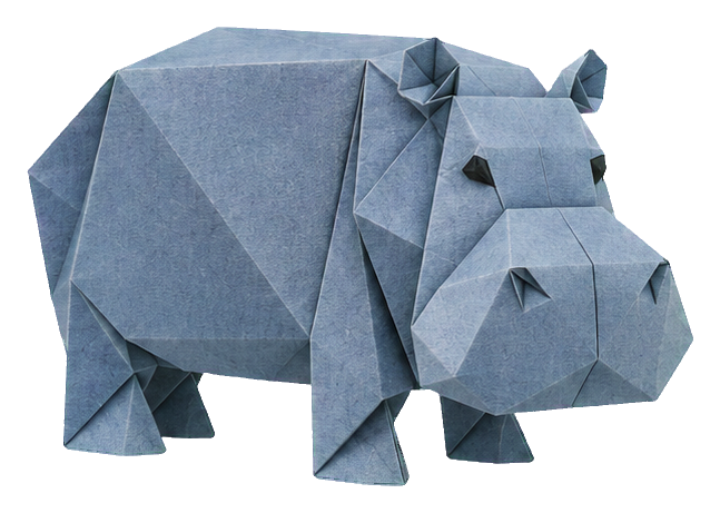 Blue-gray origami-style hippo sticker shown in profile facing right.