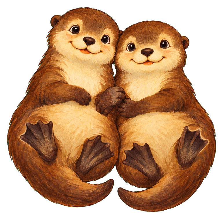 Two cute sea otters sitting together and holding paws in a vintage style.