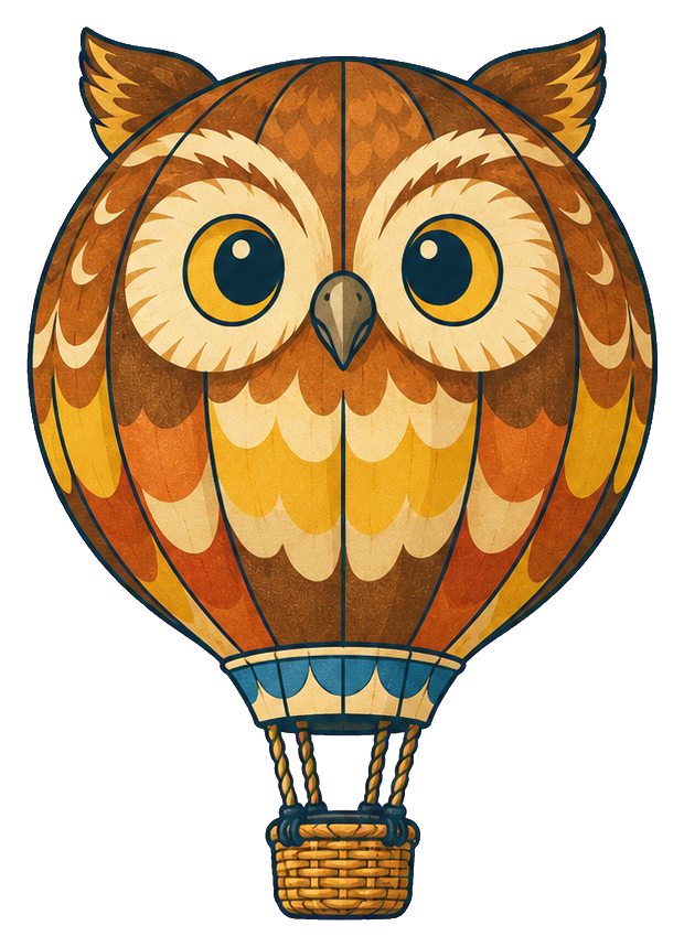 Vintage owl-shaped hot air balloon with basket and feather details