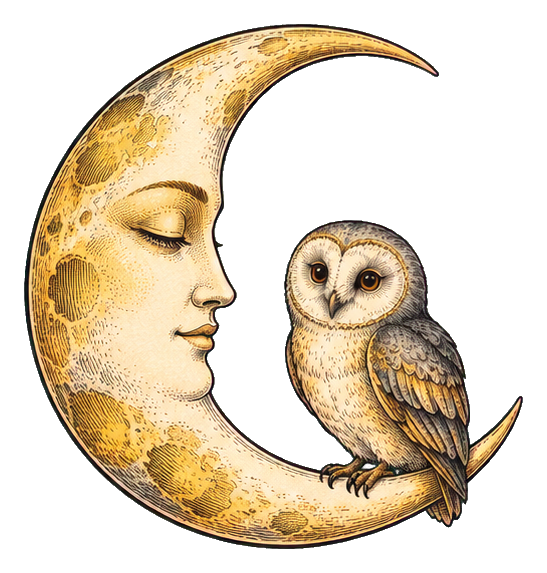 Owl perched on a crescent moon with celestial vintage detailing