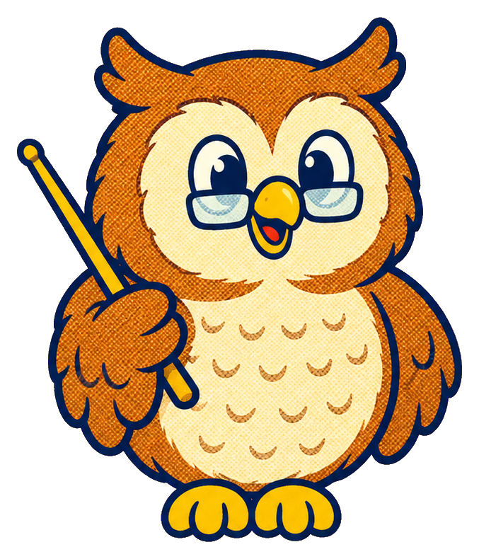 Cute owl teacher wearing glasses and holding a pointer stick.