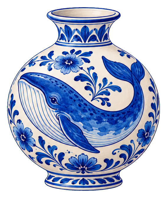 Blue and white vase with a painted whale and floral delft-style pattern