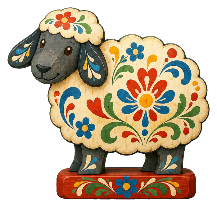 Painted wooden sheep with floral folk art details on a base.