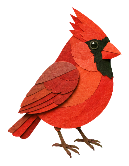 Papercut style red cardinal bird sticker facing right with layered paper texture.