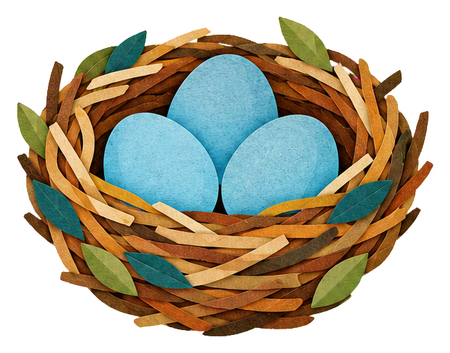 Papercut-style bird nest with blue eggs and woven brown twigs