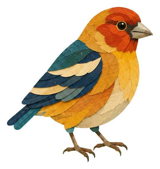 Papercut-style finch with layered orange, yellow, blue, and brown feathers