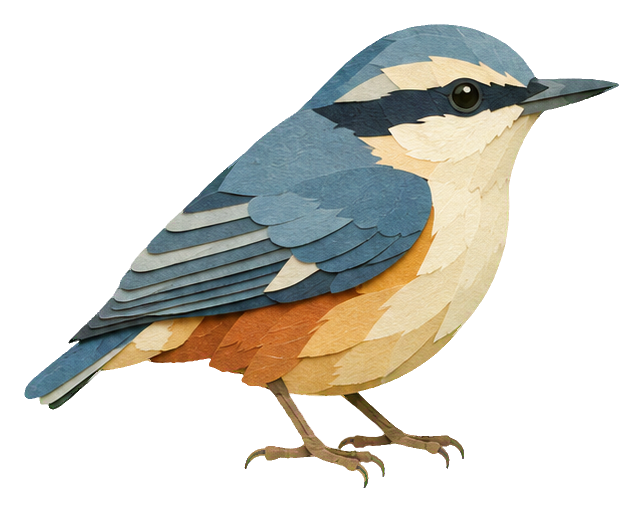 Papercut-style nuthatch bird sticker facing right with blue-gray wings and cream belly