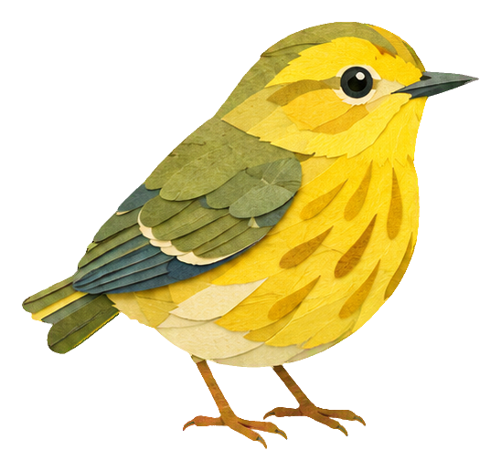 Yellow woodland warbler bird sticker in papercut style with olive wings