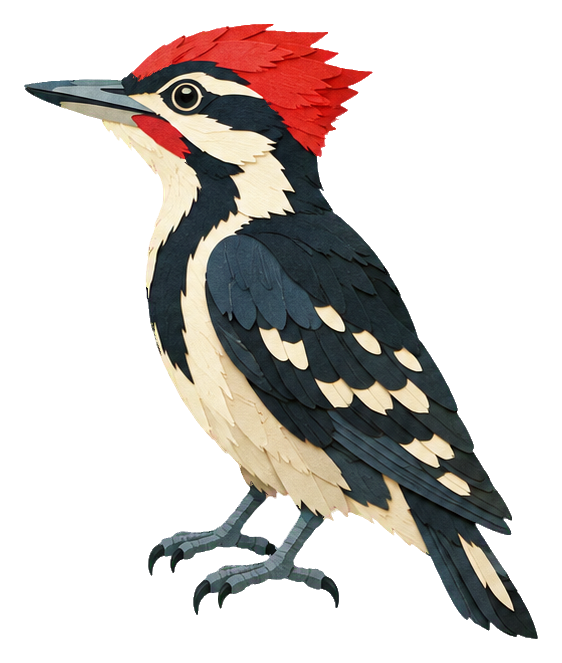 Papercut-style woodpecker sticker with red crest and black-and-white plumage on transparent background