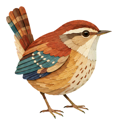 Papercut-style wren with layered brown, cream, and blue feathers