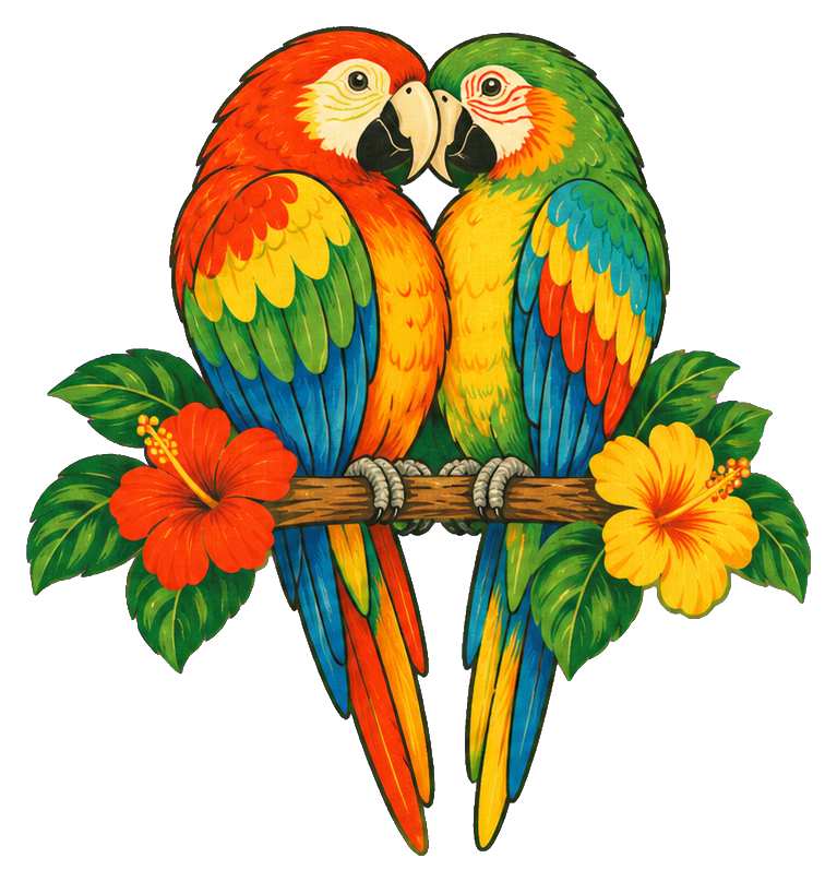 Two colorful parrots perched together with flowers and a heart-shaped pose