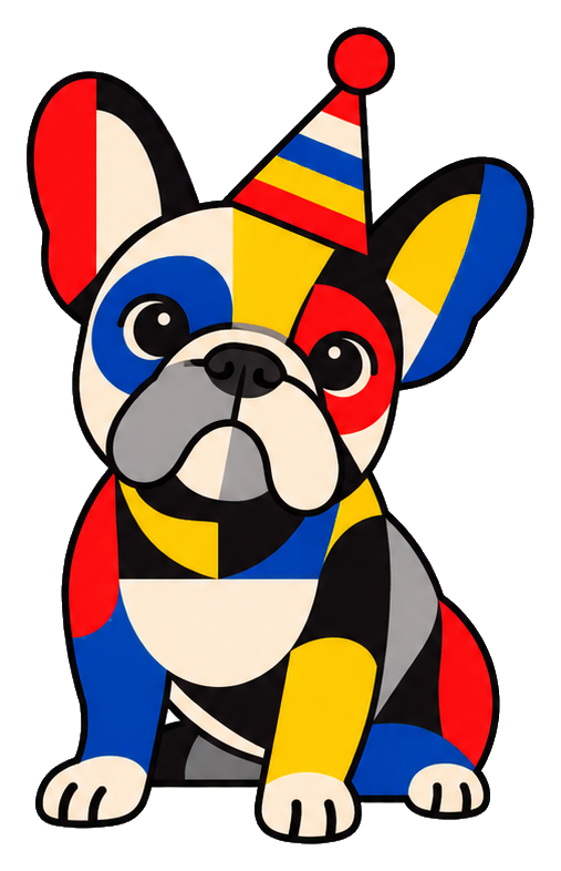French bulldog wearing a striped party hat in bold geometric colors