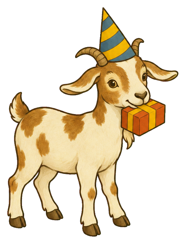 Cute baby goat wearing a striped party hat and holding a wrapped gift