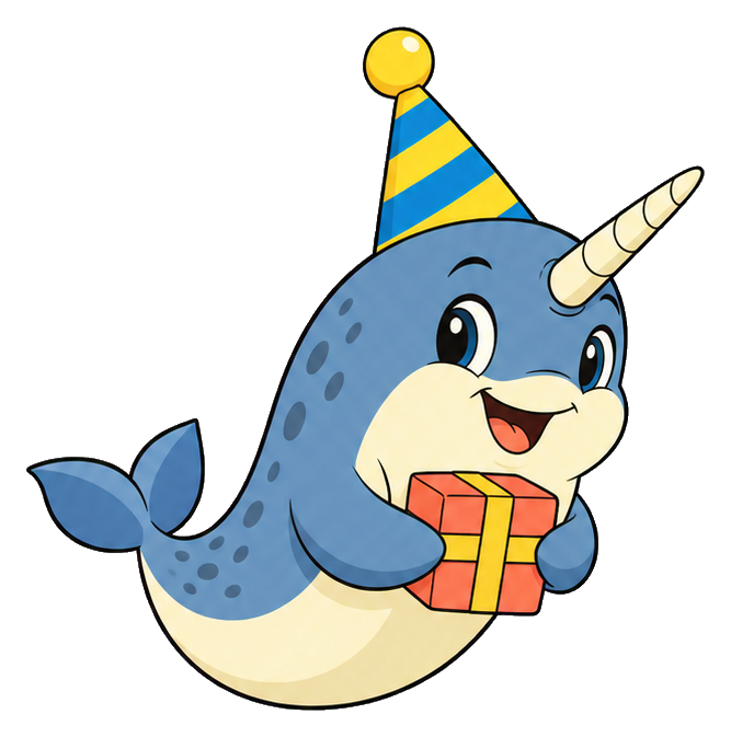 Cute narwhal wearing a striped party hat and holding a gift box