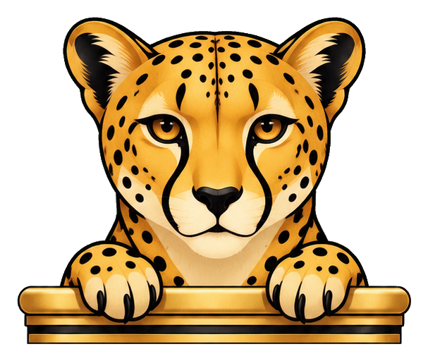 Peeking cheetah with spotted face and paws resting over a ledge.