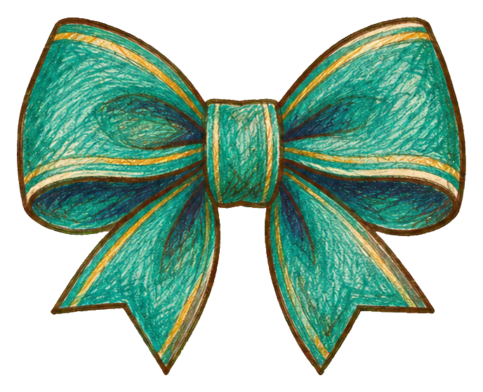 Teal hair bow sticker with gold outline and pencil-textured shading