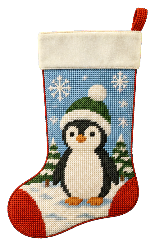 Penguin standing in a blue Christmas stocking with snowflakes and holiday trees.