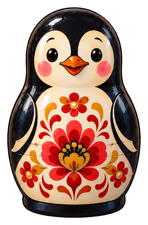 Smiling penguin matryoshka doll with floral red pattern and black sides