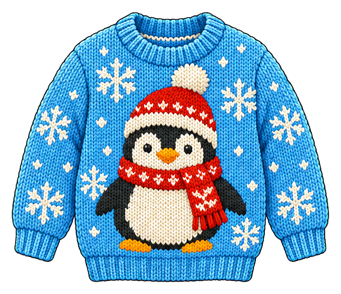 Penguin wearing a blue Christmas sweater with red scarf and snowflake pattern