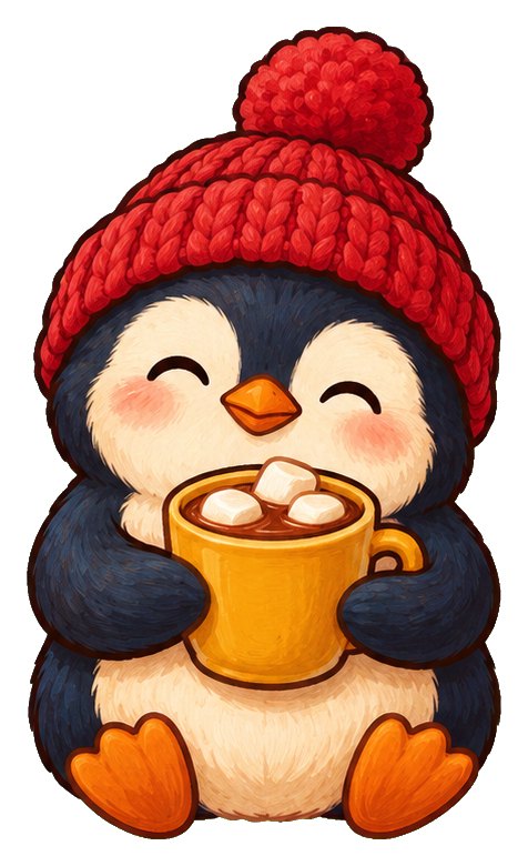 Cute penguin in a red knit hat holding a mug of hot cocoa with marshmallows.