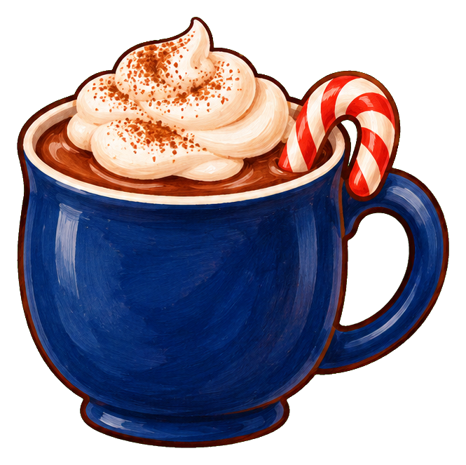 Blue mug of hot cocoa topped with whipped cream, sprinkles, and a candy cane.