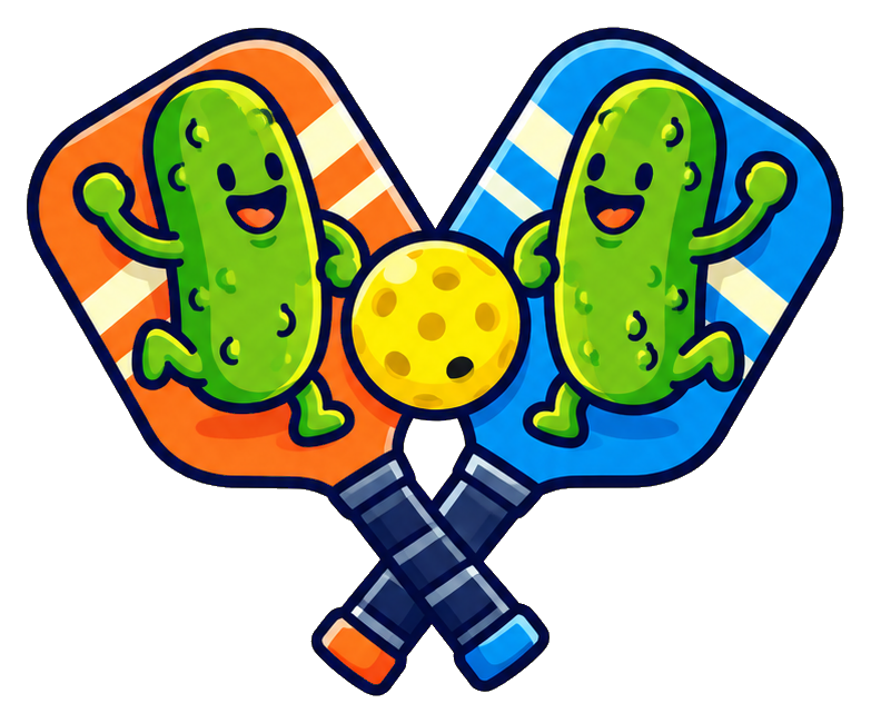 Two crossed pickleball paddles with smiling pickle characters and a yellow ball
