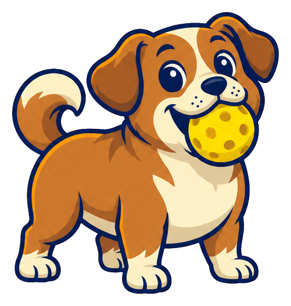 Cartoon dog holding a yellow pickleball in its mouth.