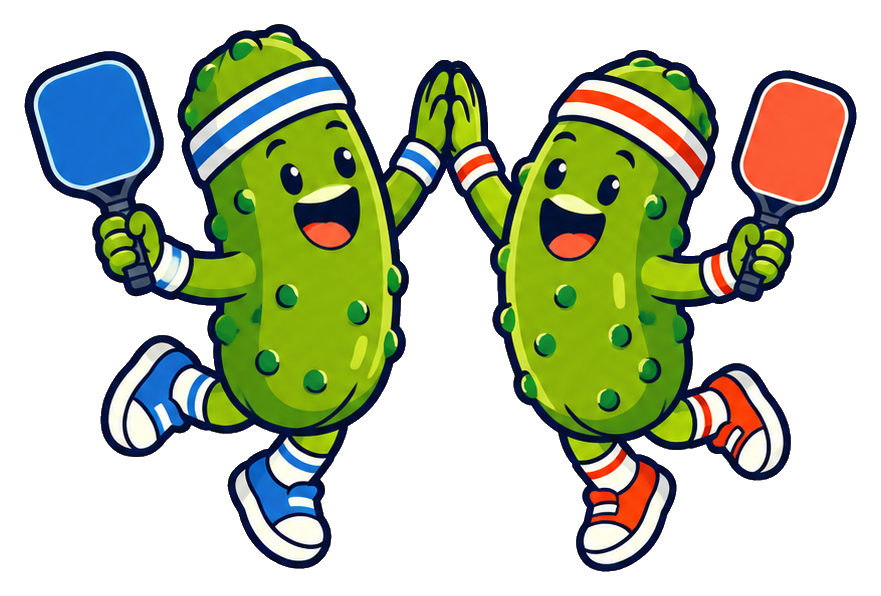 Two smiling pickle characters holding paddles and running toward a high five.