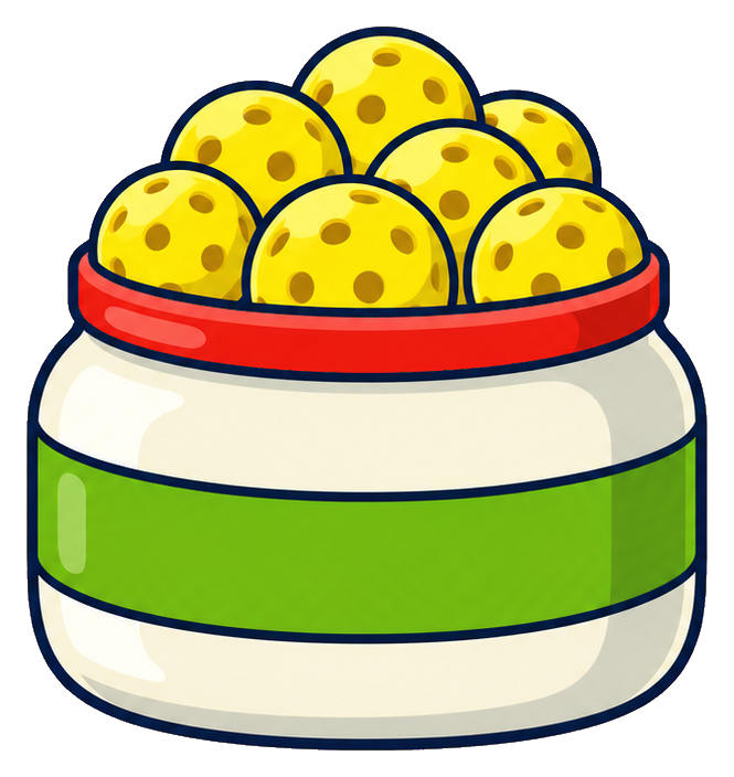 A jar filled with yellow pickleball balls and a green label.