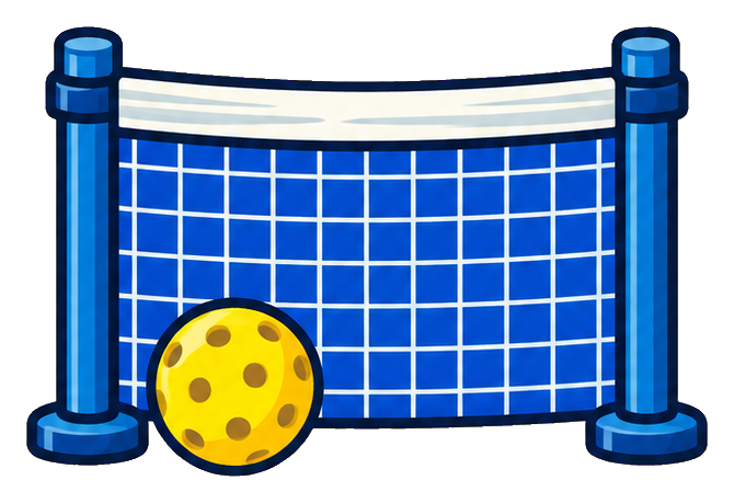 Blue pickleball net with a yellow pickleball in front of it