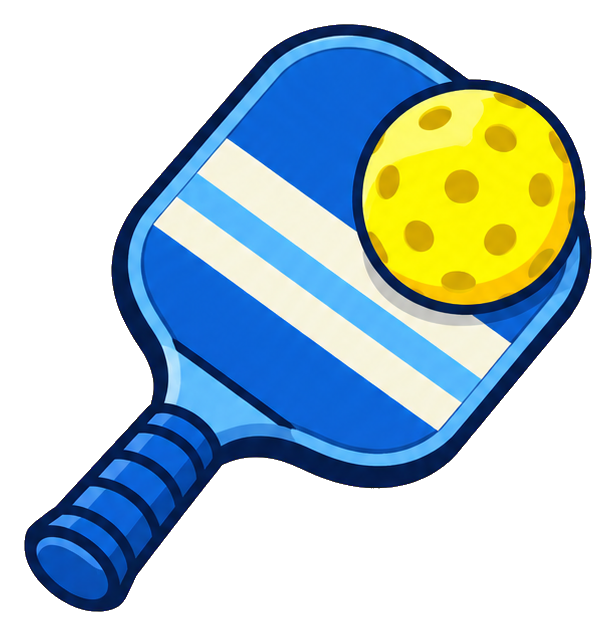 Blue pickleball paddle with a yellow ball in the corner.