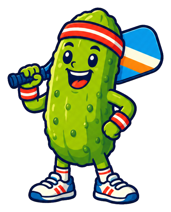 Smiling cartoon pickle with headband, wristbands, sneakers, and a paddle