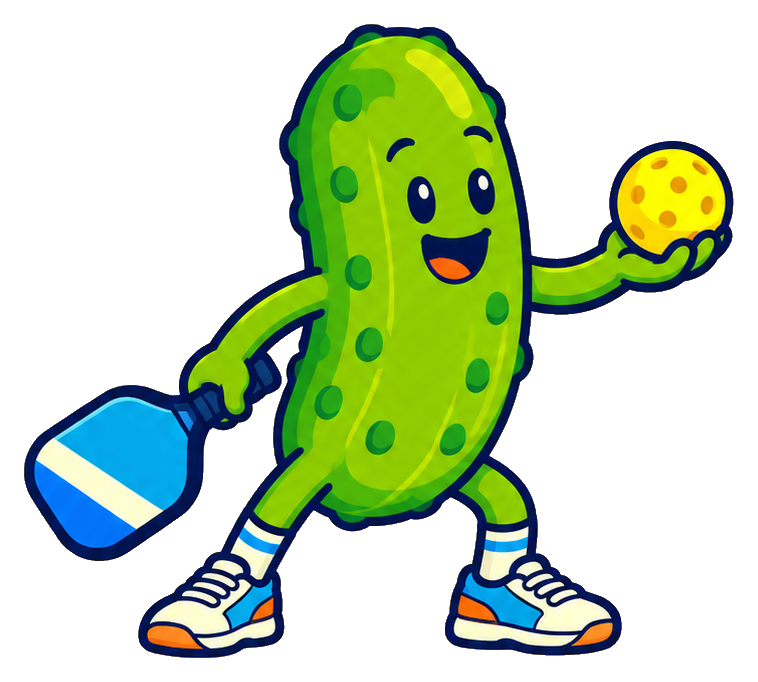 Cartoon pickle-shaped character holding a paddle and pickleball in a serving pose.