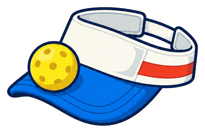 Blue and white sun visor with a yellow pickleball on the front.