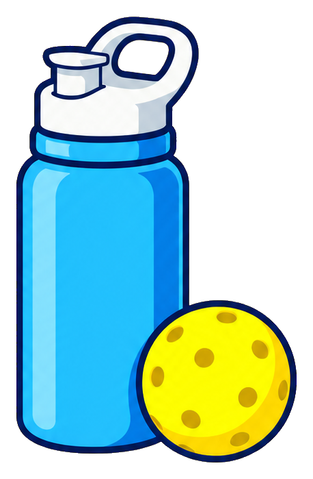 Blue water bottle beside a yellow pickleball with dotted holes